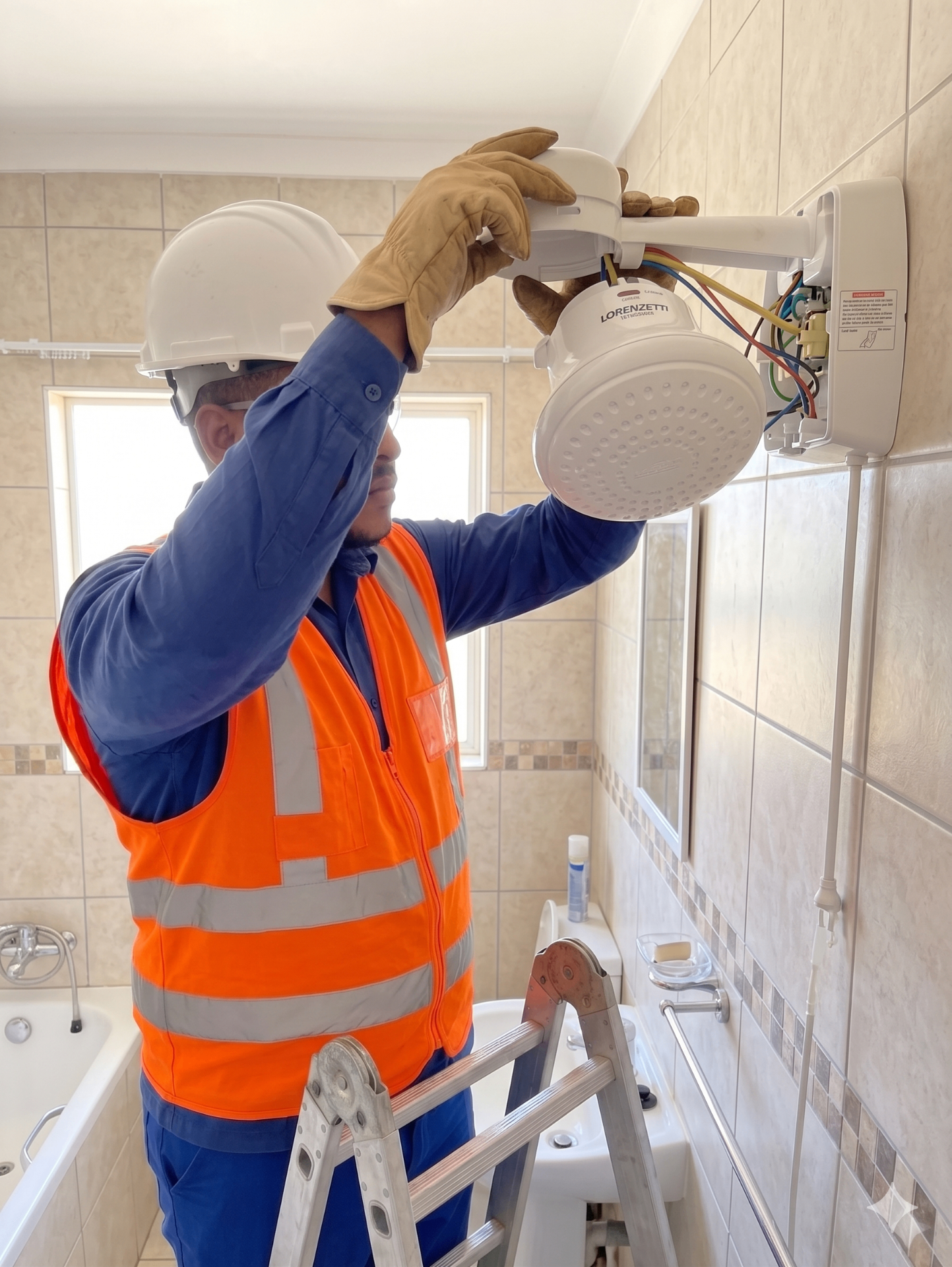 Eletrotécnico WGS realizando troca de chuveiro com EPIs