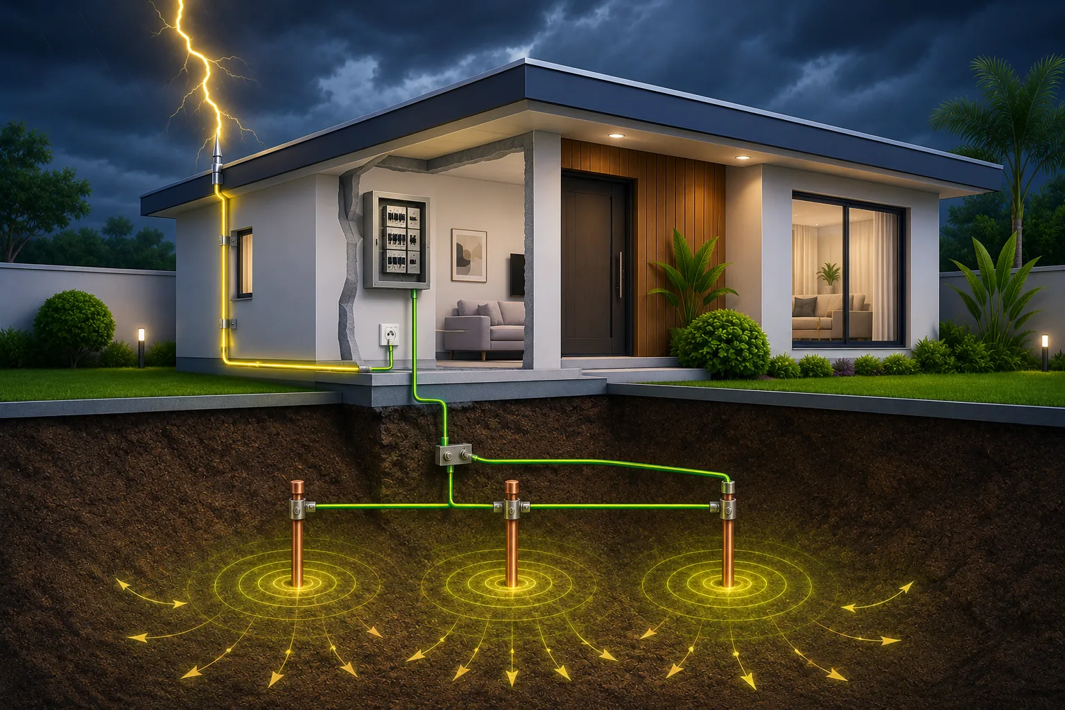 Sistema de aterramento residencial com hastes dissipando energia no solo