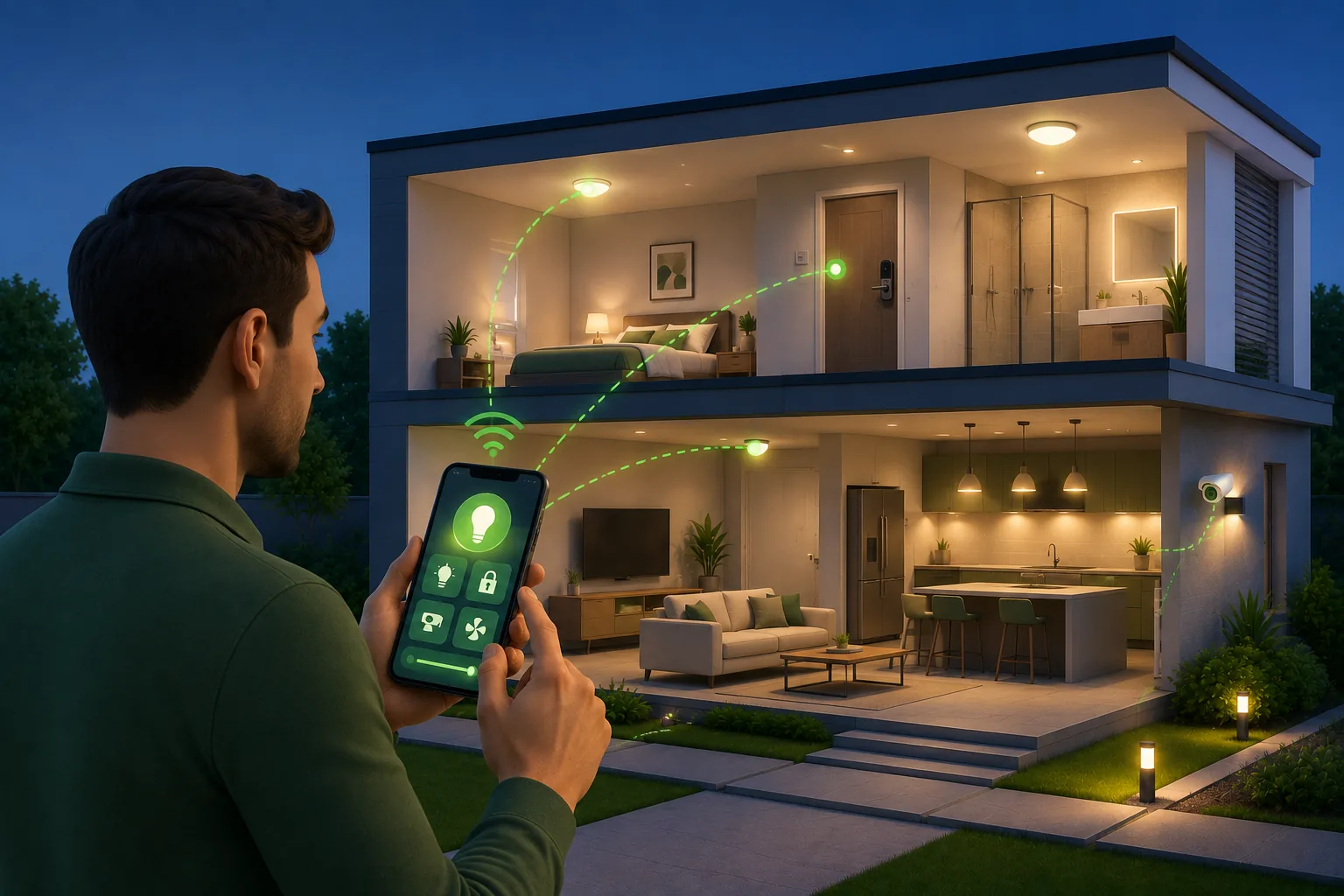 Pessoa controlando iluminação e dispositivos residenciais pelo celular