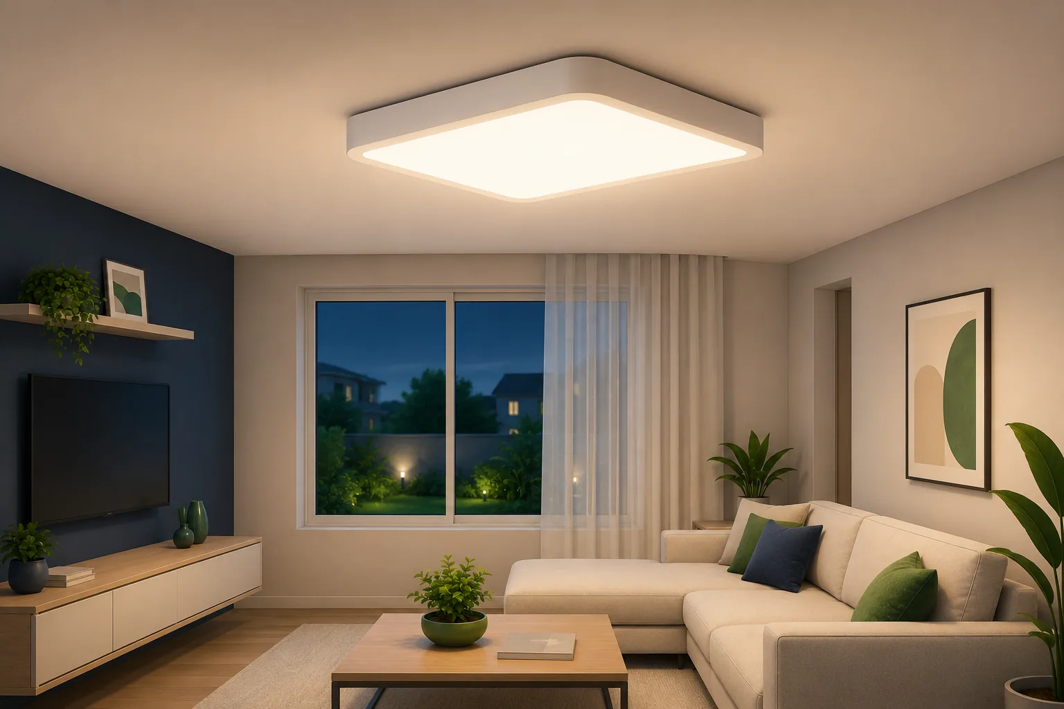 Luminária de sobrepor iluminando uma sala residencial
