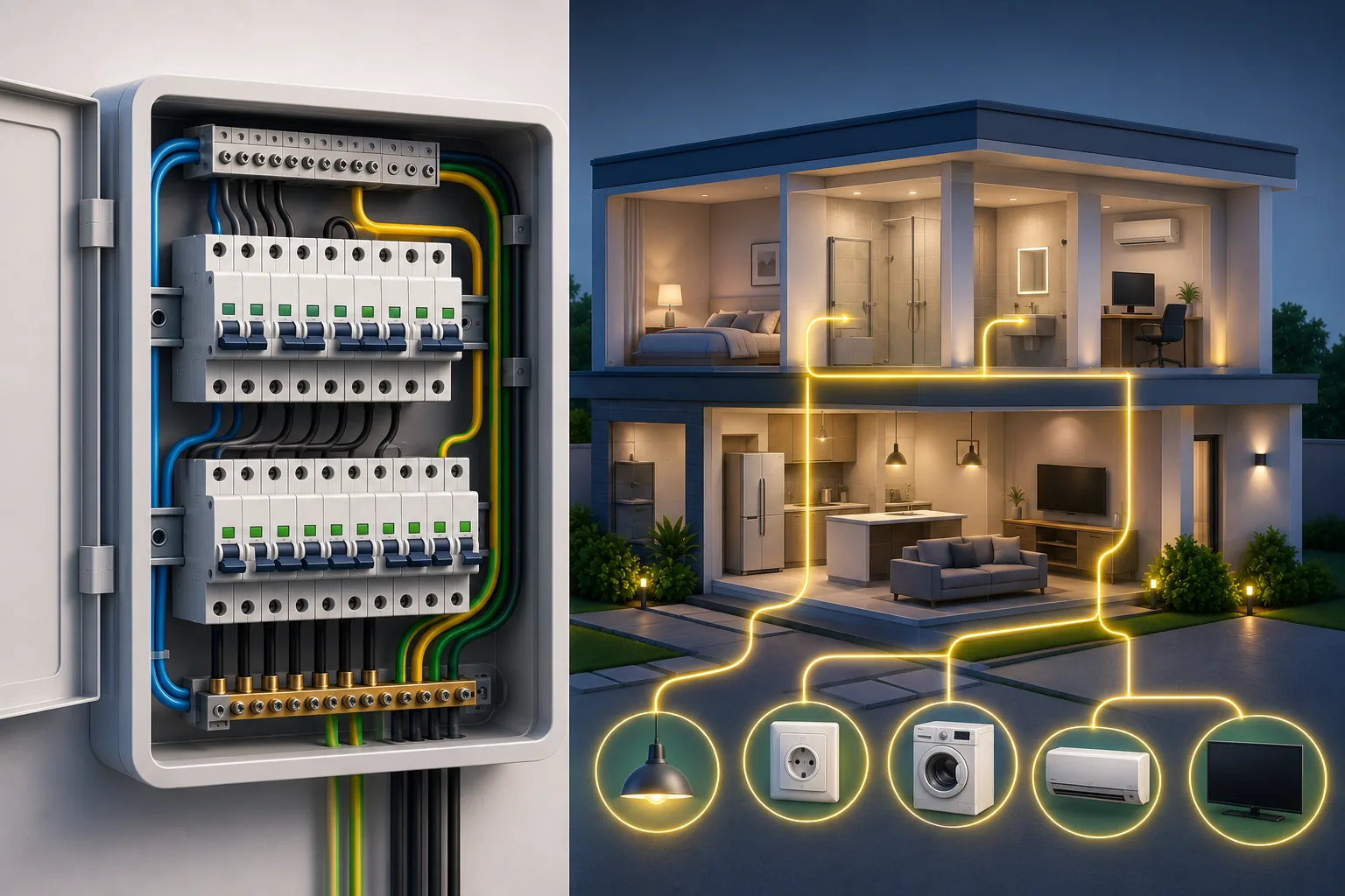 Quadro de distribuição organizando os circuitos elétricos de uma residência