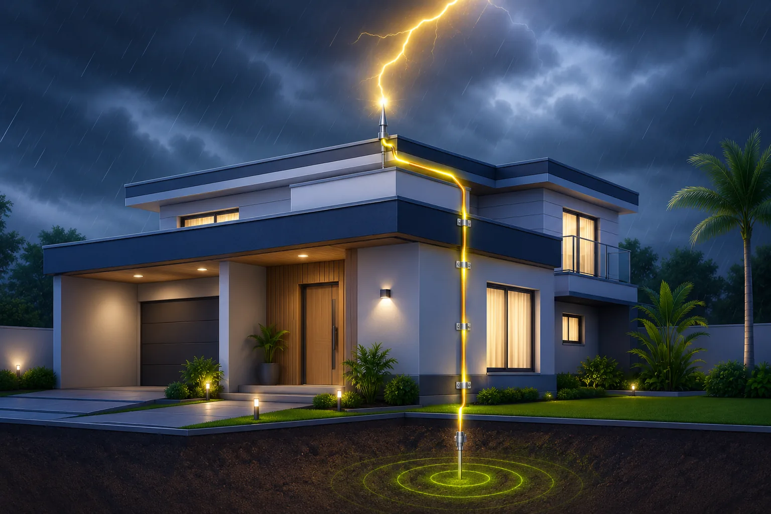 Casa protegida por sistema SPDA conduzindo uma descarga atmosférica ao solo